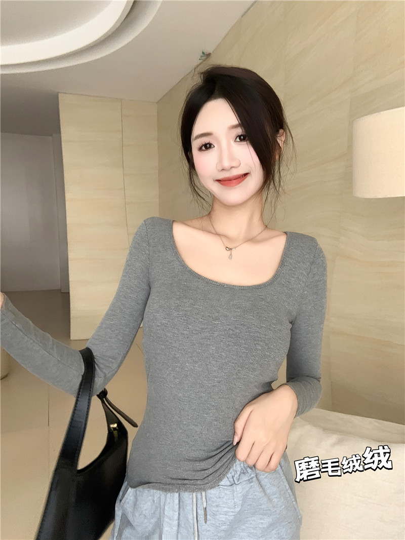 實拍~秋冬保暖磨毛加絨方領露鎖骨修身內搭長袖打底衣女