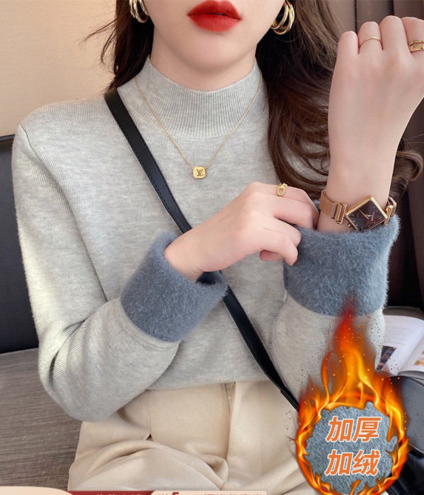 加絨毛衣女2023年秋冬新款加厚一體絨半高領內搭打底外穿針織衫