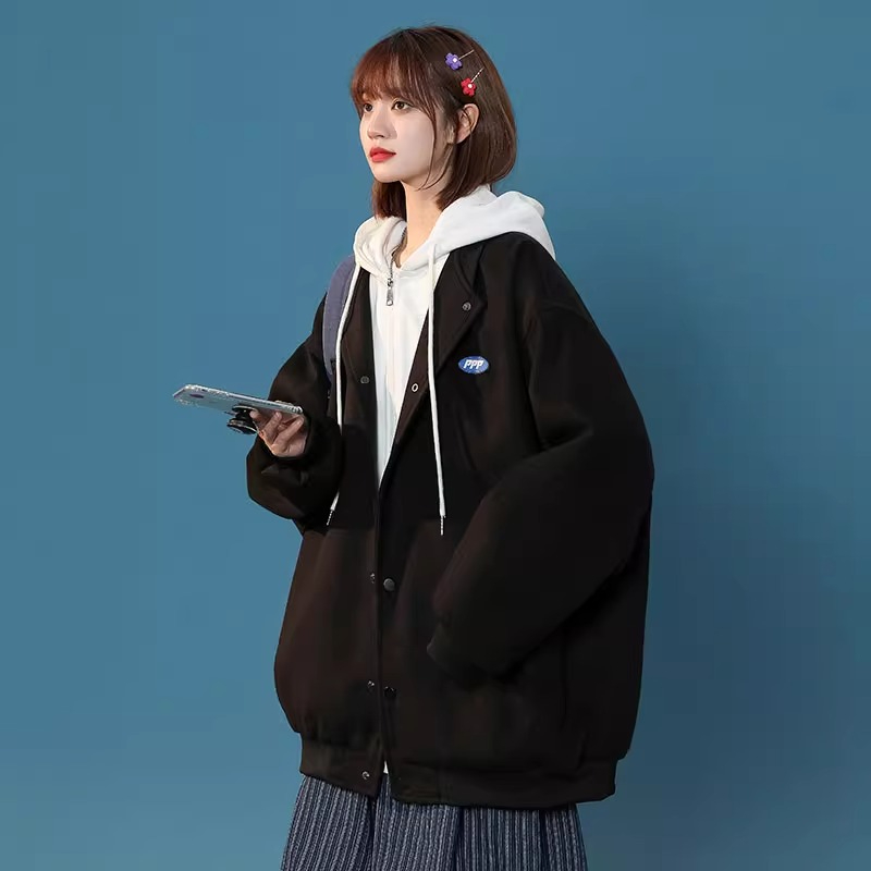 官圖 秋冬外套女美式撞色簡約假兩件夾克男拼接情侶連帽衛衣開衫
