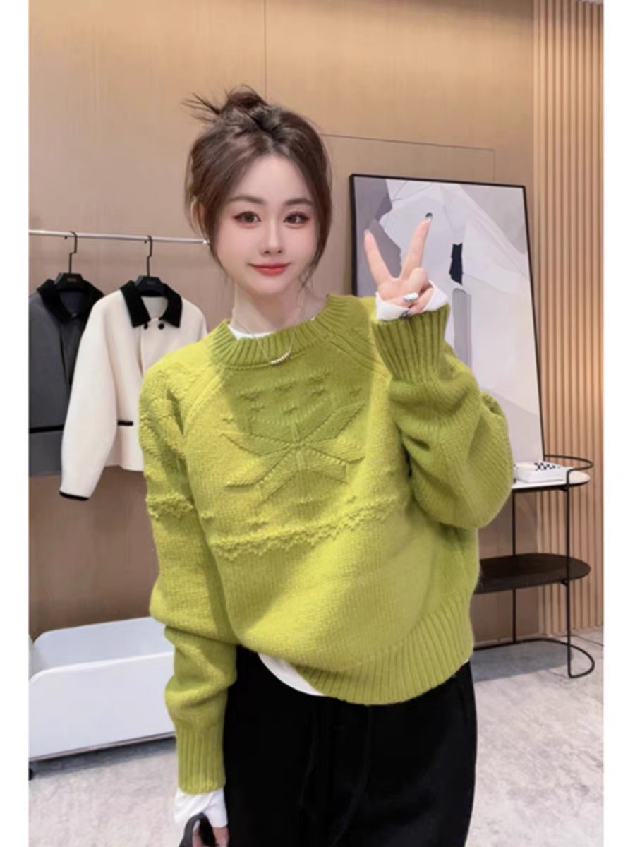 慵懶風提花設計感小眾毛衣圓領寬鬆甜美洋氣糖果色針織衫百搭打底