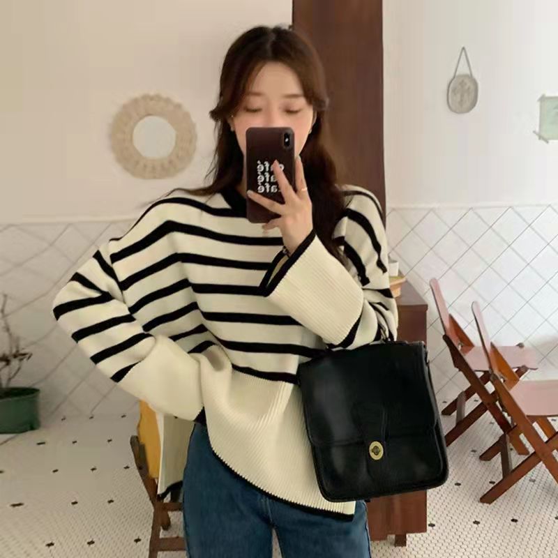 2023 new loose striped sweater women's lazy style loose side slit sweater jacket