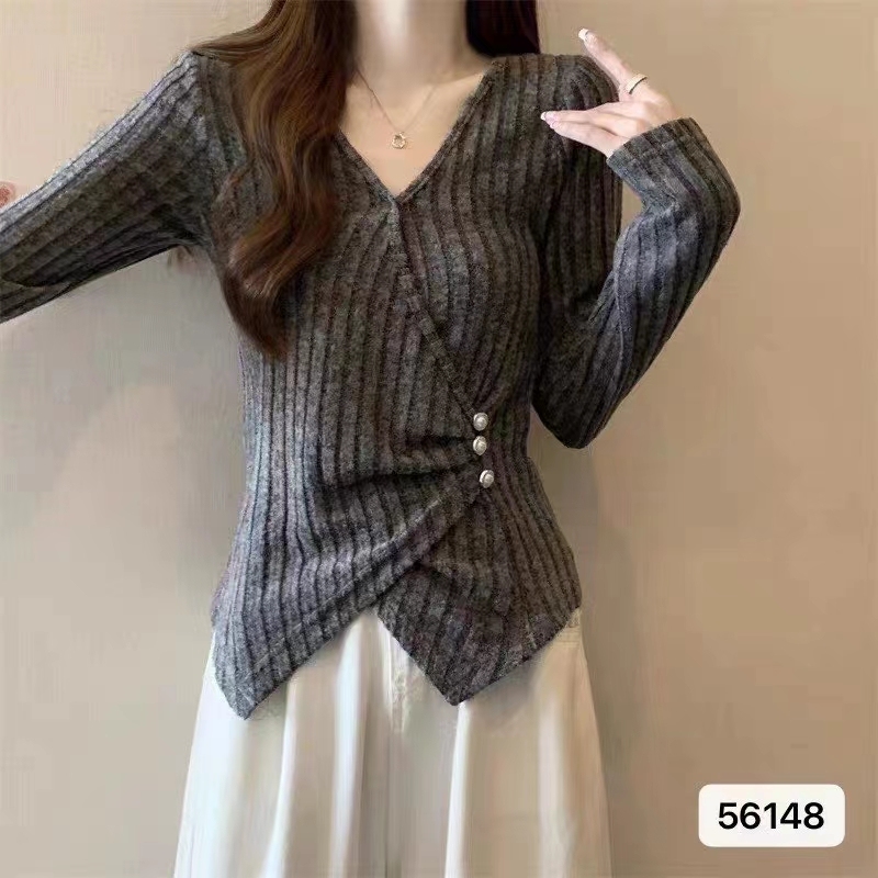 法式v領打底衫內搭女秋冬修身顯瘦遮肉下擺不規則針織衫長袖上