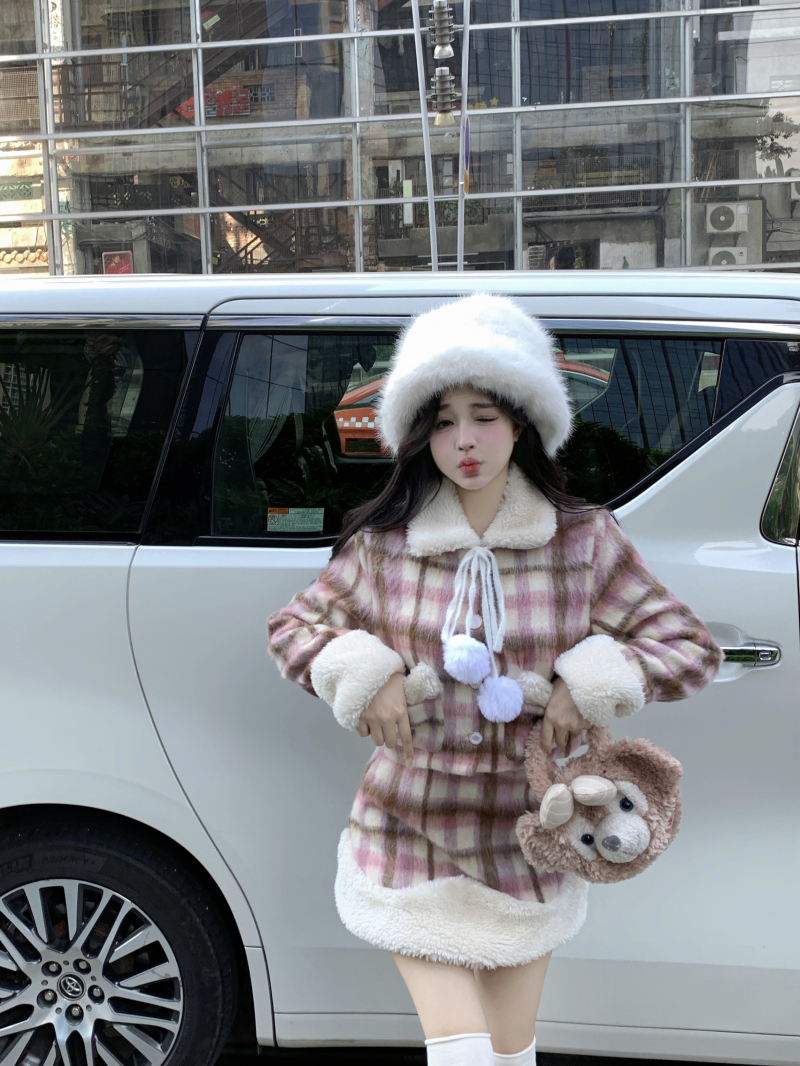 實拍 黑莓與月桂 秋冬甜美風少女格子拼接半身裙套裝