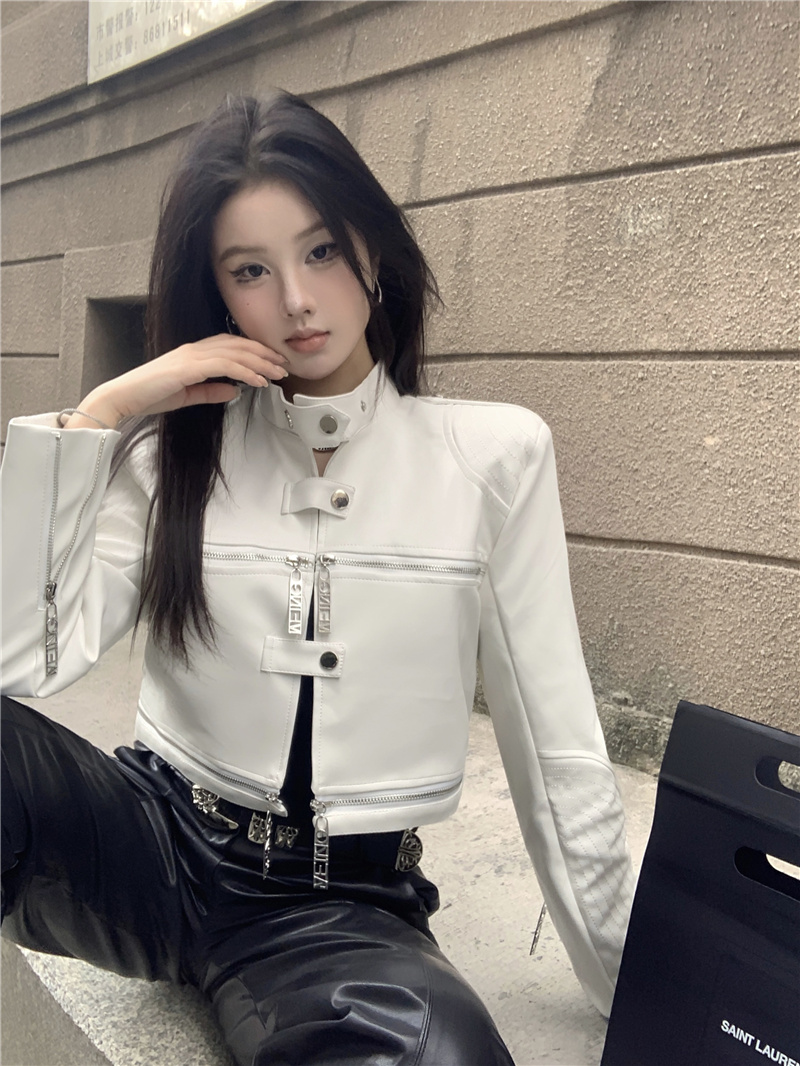 Actual shot ~ 2023 new winter hot girl horizontal zipper stand collar shoulder pad PU leather short coat motorcycle jacket leather jacket