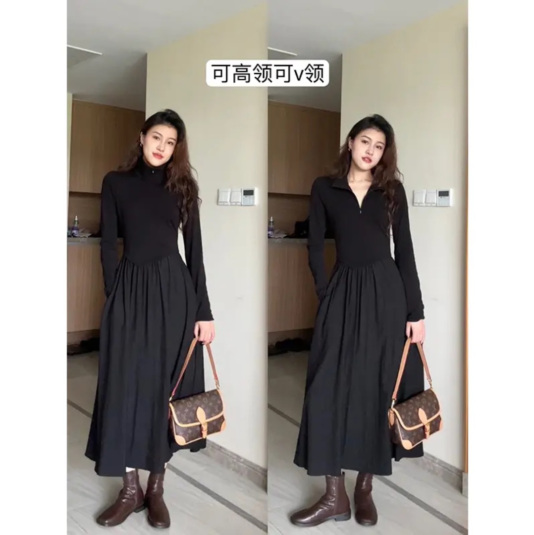 赫本風黑色長袖針織連衣裙子秋冬季2023新款女裝顯瘦內搭打底長裙