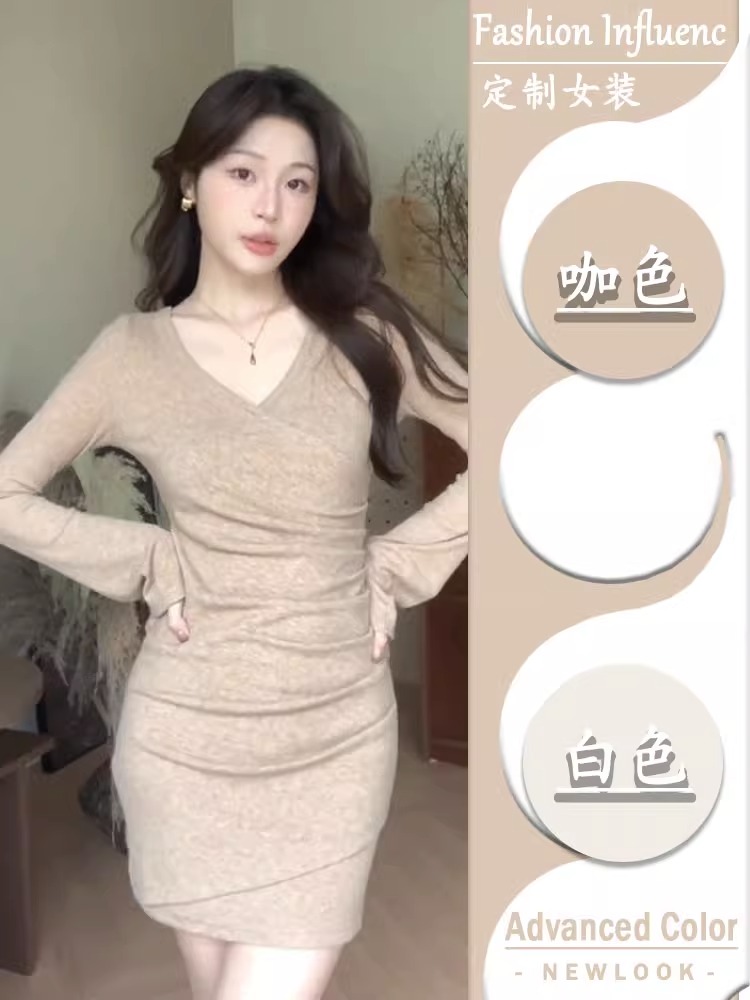 v領長袖連衣裙女秋季2023新款女裝交叉修身收腰氣質針織包臀裙子