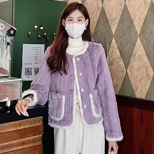 溫柔系韓版氣質小香風加厚寬鬆女2023秋冬款皮毛一體羊羔毛外套