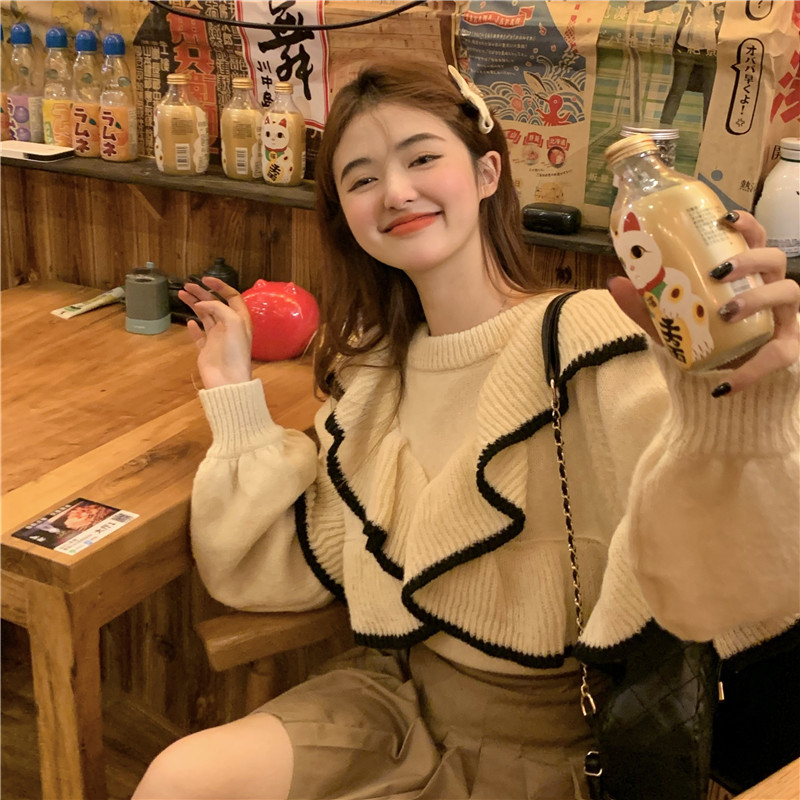 韓版復古荷葉邊毛衣開衫外套女秋冬季2023年新款寬鬆短款針織上衣