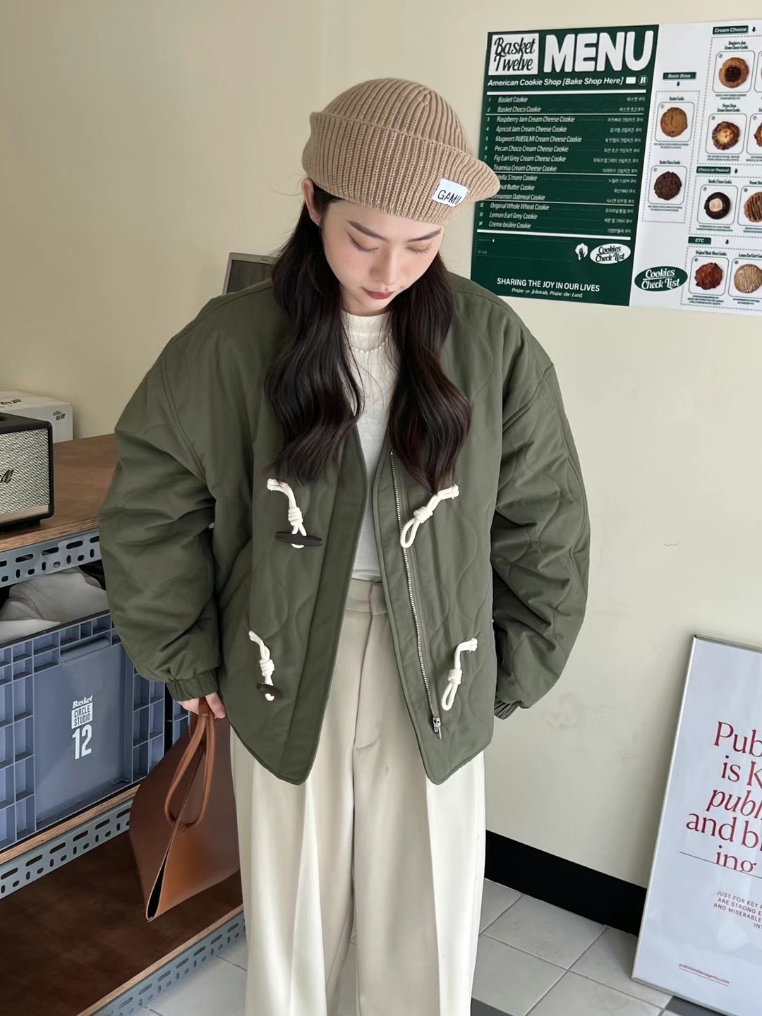 韓國chic牛角扣棉衣水波紋加厚夾棉外套寬鬆V領棉服女