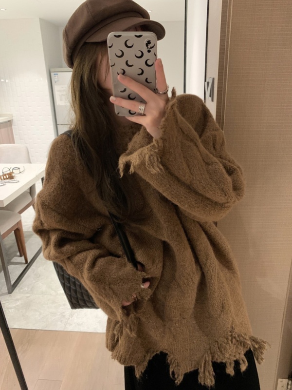 下擺破洞麻花毛衣女2023秋冬新款寬鬆慵懶針織衫露肩上衣