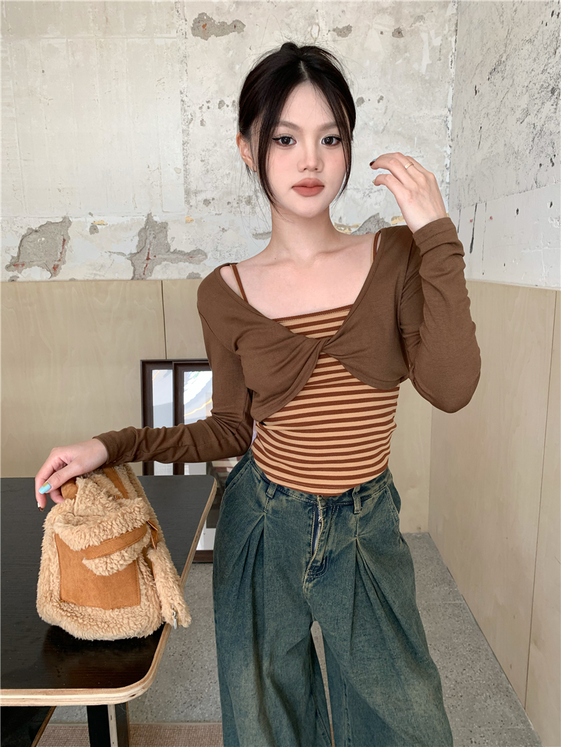 實拍 甜辣妹條紋背心＋設計感外搭罩衫兩件套