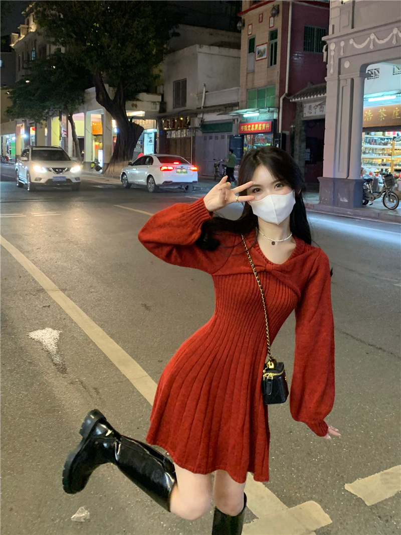 實拍聖誕戰裙濃霧玫瑰秋冬高級感氣質長裙純欲修身針織連衣裙