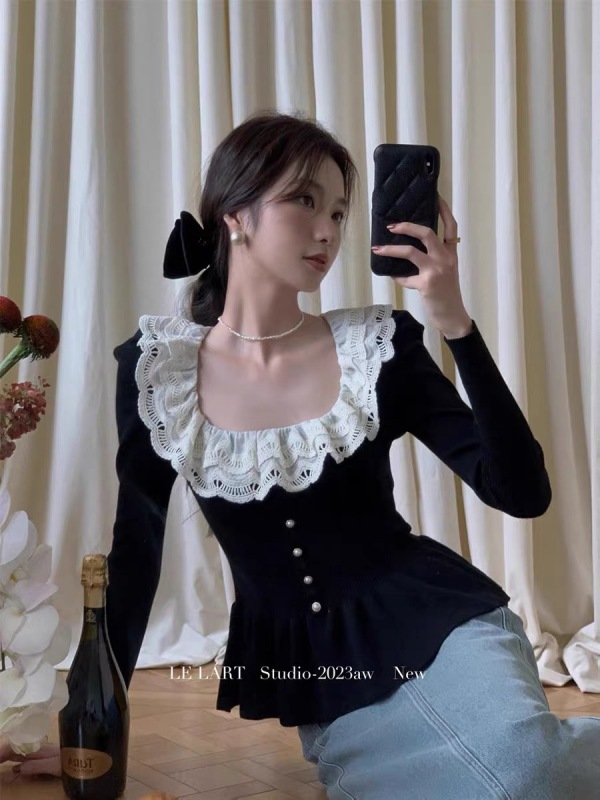 法式上衣女設計感小眾秋冬內搭氣質優雅打底衫修身拼接蕾絲針織衫