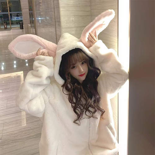  Winter Rabbit Ears Plush Fur Top Cute Thickened Hooded Furry Coat for Women