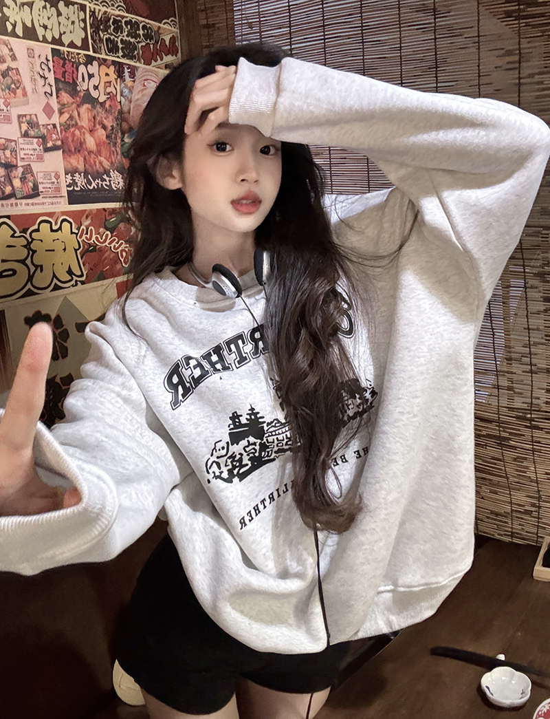 原創~實拍~插畫印花加絨加厚圓領衛衣秋冬