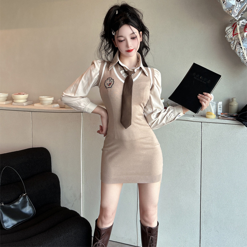 學院風長袖襯衫jk制服女秋季美式辣妹收腰包臀馬甲連衣裙兩件套裝