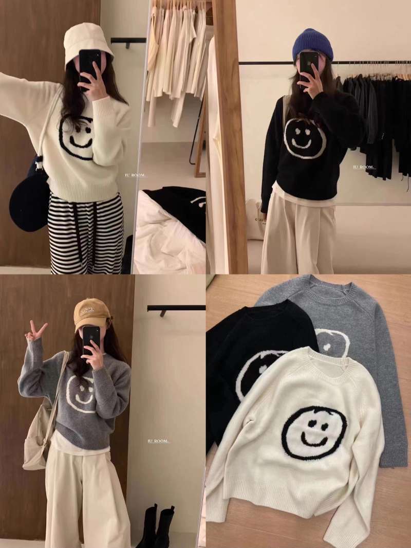 sheep 笑臉毛衣女2023秋冬新款圓領套頭ins寬鬆舒適羊毛針織衫女