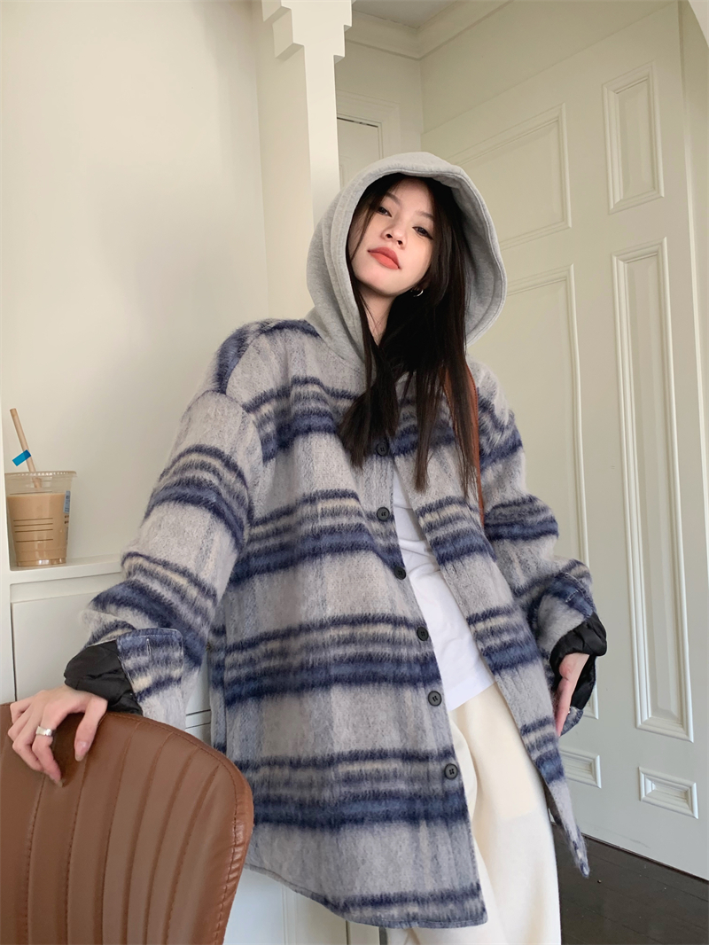 實拍 格紋連帽夾棉外套秋冬新款韓版寬鬆休閒慵懶風上衣