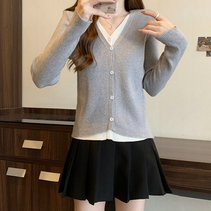 實拍包芯紗長袖上衣針織衫假兩件短款修身打底衫女款秋冬保暖毛衣
