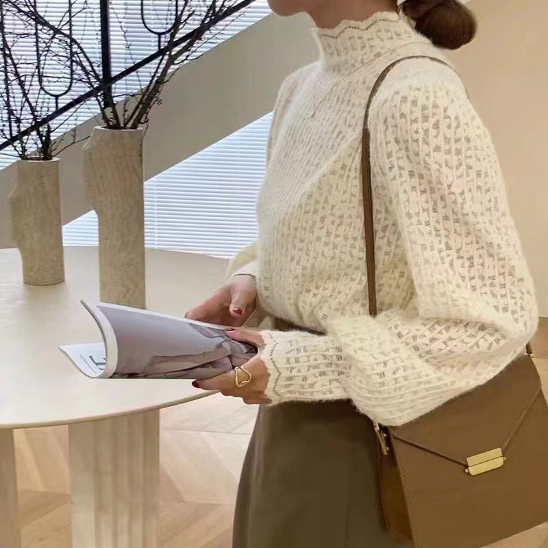 磨毛半高領蕾絲打底衫女秋冬2023新款毛衣內搭洋氣小衫網紗上衣潮