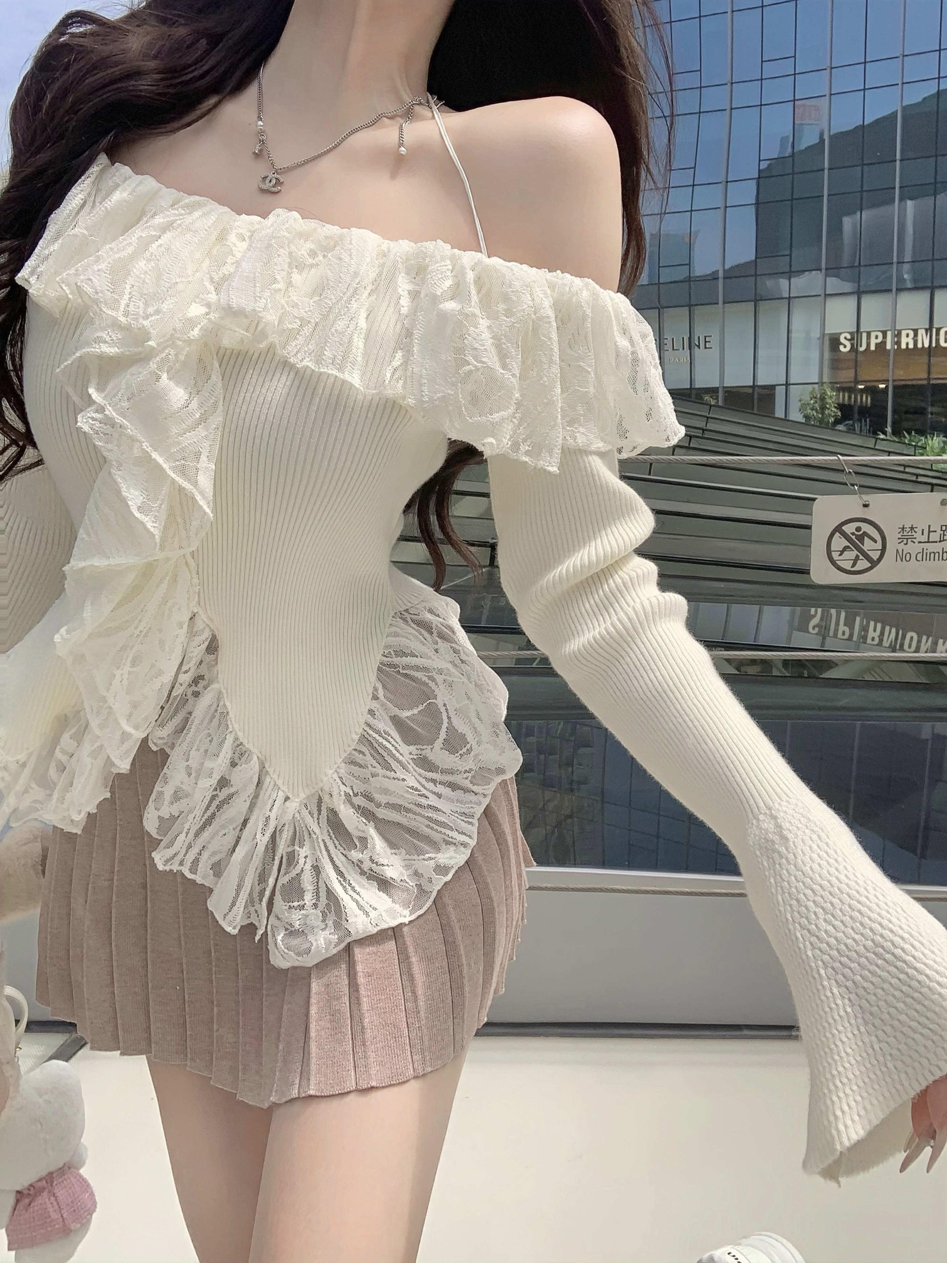 Actual shot~Pure Desire one-shoulder lace spliced ​​knitted long-sleeved bottoming top high-waist slim pleated skirt