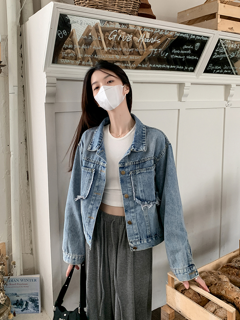 實拍~新款設計感毛邊牛仔外套韓版寬鬆顯瘦休閒上衣夾克女潮