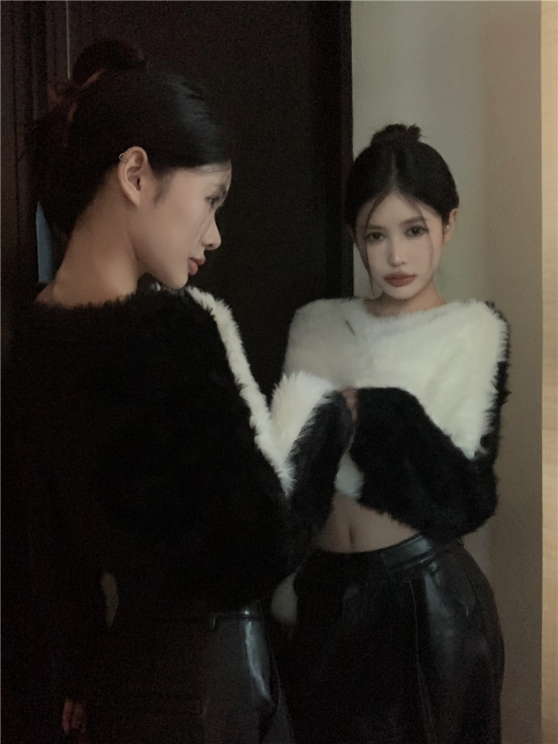 實拍氣質V領撞色水貂絨短款毛衣秋冬新款韓版寬鬆針織衫