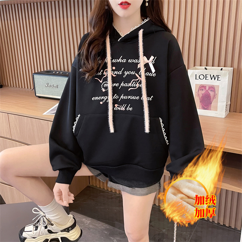 實拍 冬裝加絨加厚華棉貝貝絨韓版寬鬆連帽蝴蝶結衛衣外套女