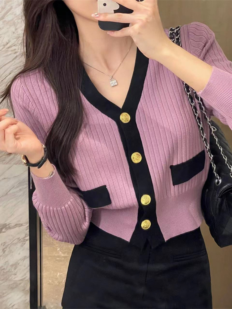 French style chic color-blocked cardigan for women early autumn 2023 new women's clothing design unique sweater jacket