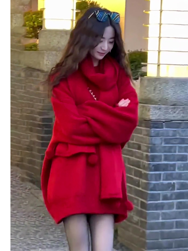 2023春秋季新年聖誕款紅色毛衣女中長款圓領送圍巾寬鬆顯瘦上衣潮