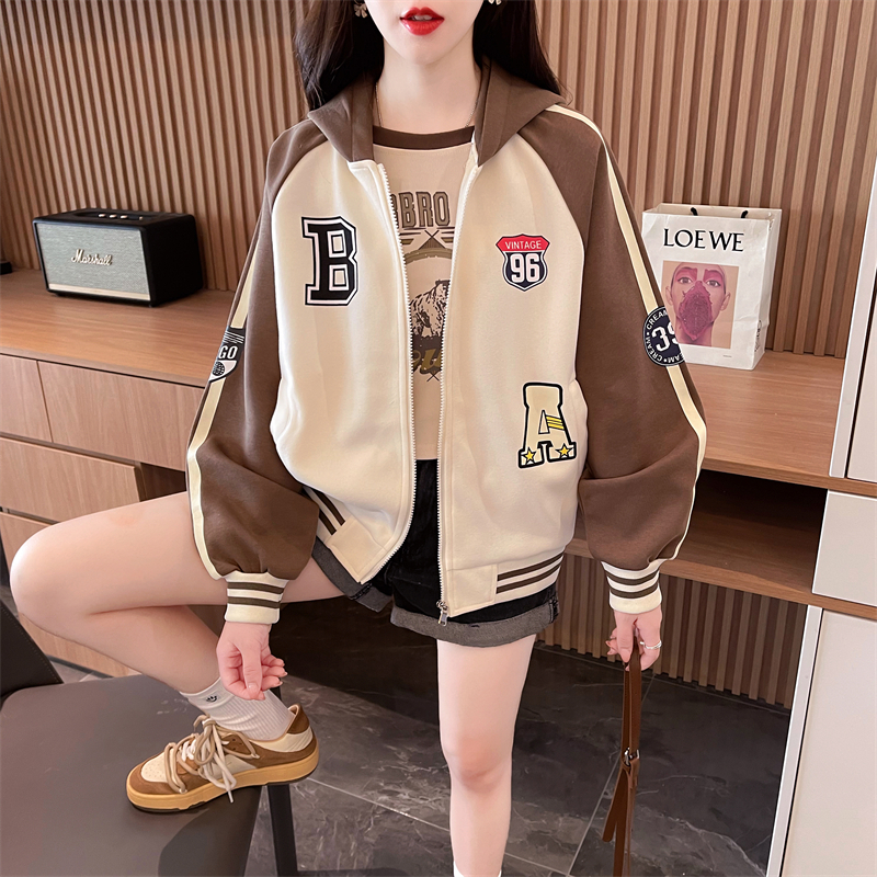 實拍 寬鬆連帽棒球服外套女春秋設計感小眾撞色拼接卡通印花開衫