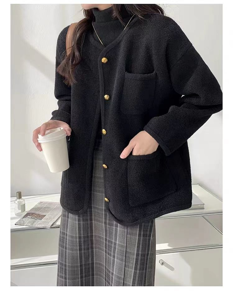 雙面呢短款寬鬆外套女2023秋冬新款法式小香風圓領呢子開衫上衣潮