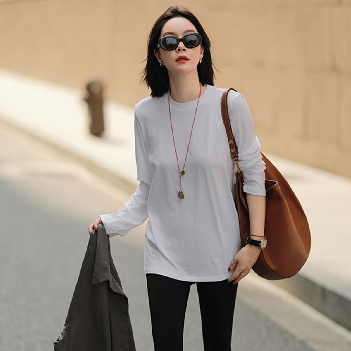 Quality inspection official picture autumn seamless cylindrical long-sleeved T-shirt women's round neck basic bottoming shirt simple solid color T-shirt top