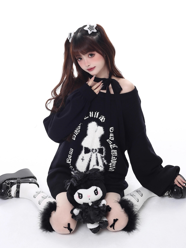crazygirl小兔搖籃曲秋冬顯白聖誕款黑紅套頭原創燈籠袖毛衣