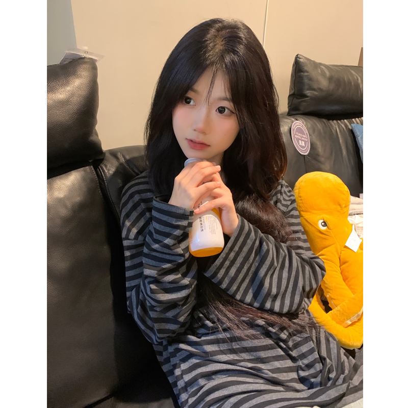 美式復古休閒情侶條紋長袖t恤女春秋季設計感小眾寬鬆慵懶風上衣