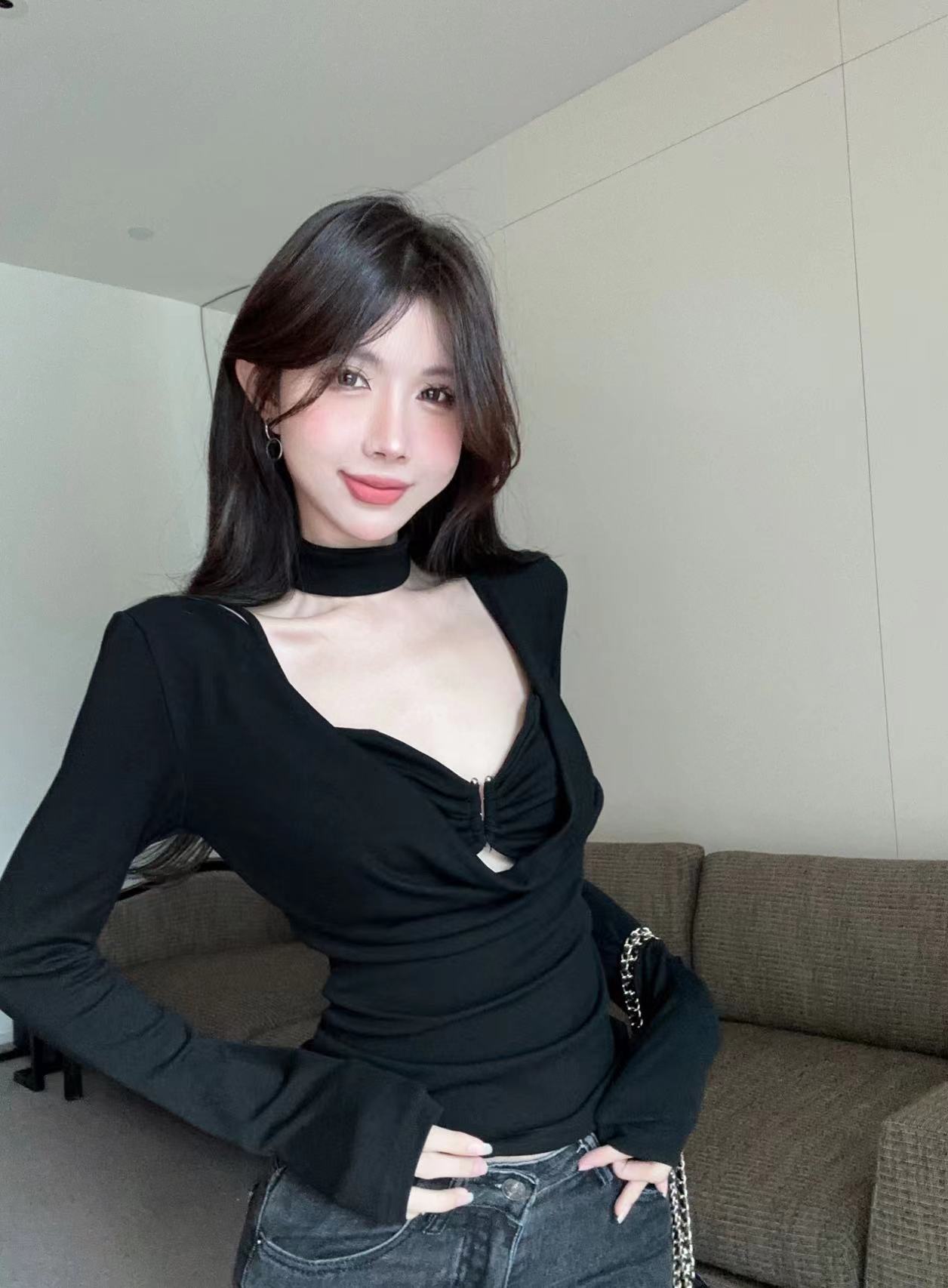 實拍 小眾設計感塔扣修身內搭吊帶 甜酷風低領百搭長袖T恤女