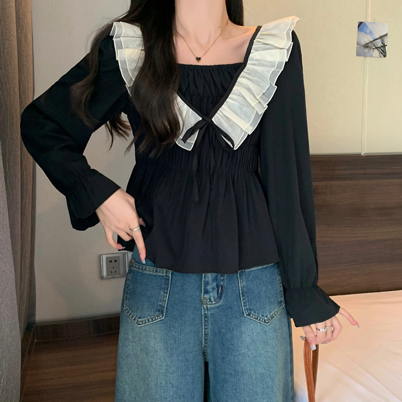 大碼女裝法式荷葉邊長袖襯衫女秋遮肚顯瘦小衫上衣潮