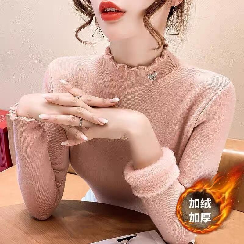 半高領水貂絨加絨毛衣女秋冬加厚2023年新款洋氣一體絨上衣打底衫