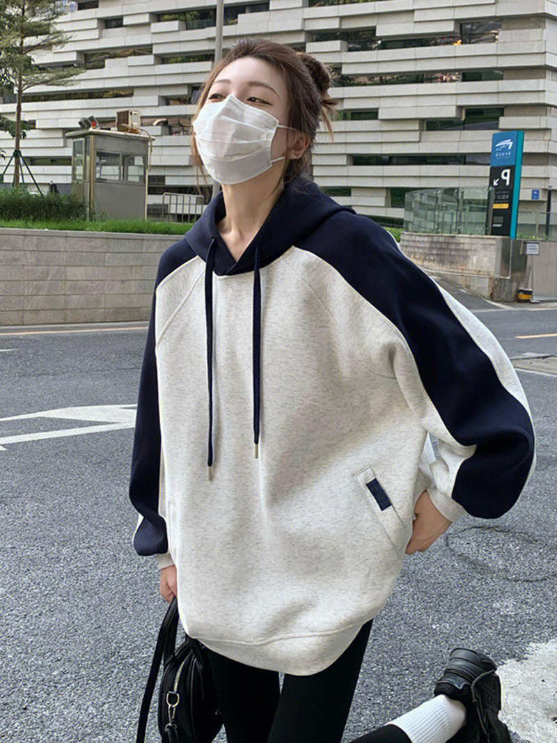 韓版慵懶風撞色長袖連帽衛衣女裝秋季2023新款寬鬆加絨中長款上衣