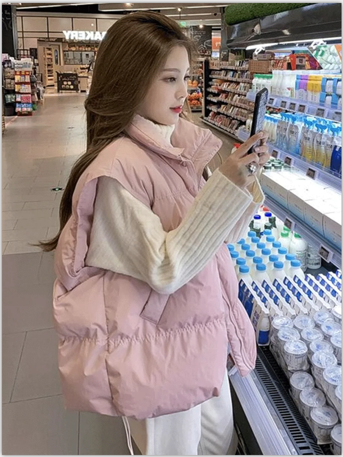 羽絨服馬甲女款2023秋冬新款韓版寬鬆棉坎肩立領純色棉服背心外套