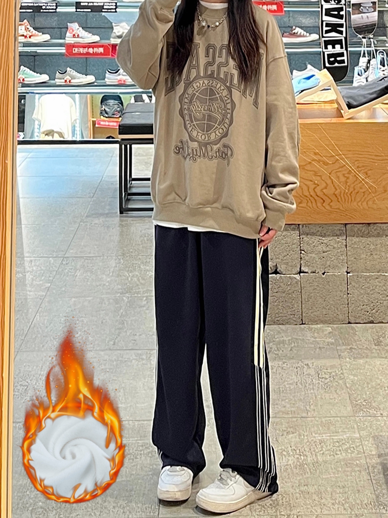 實拍  加絨美式條紋休閒運動褲女
