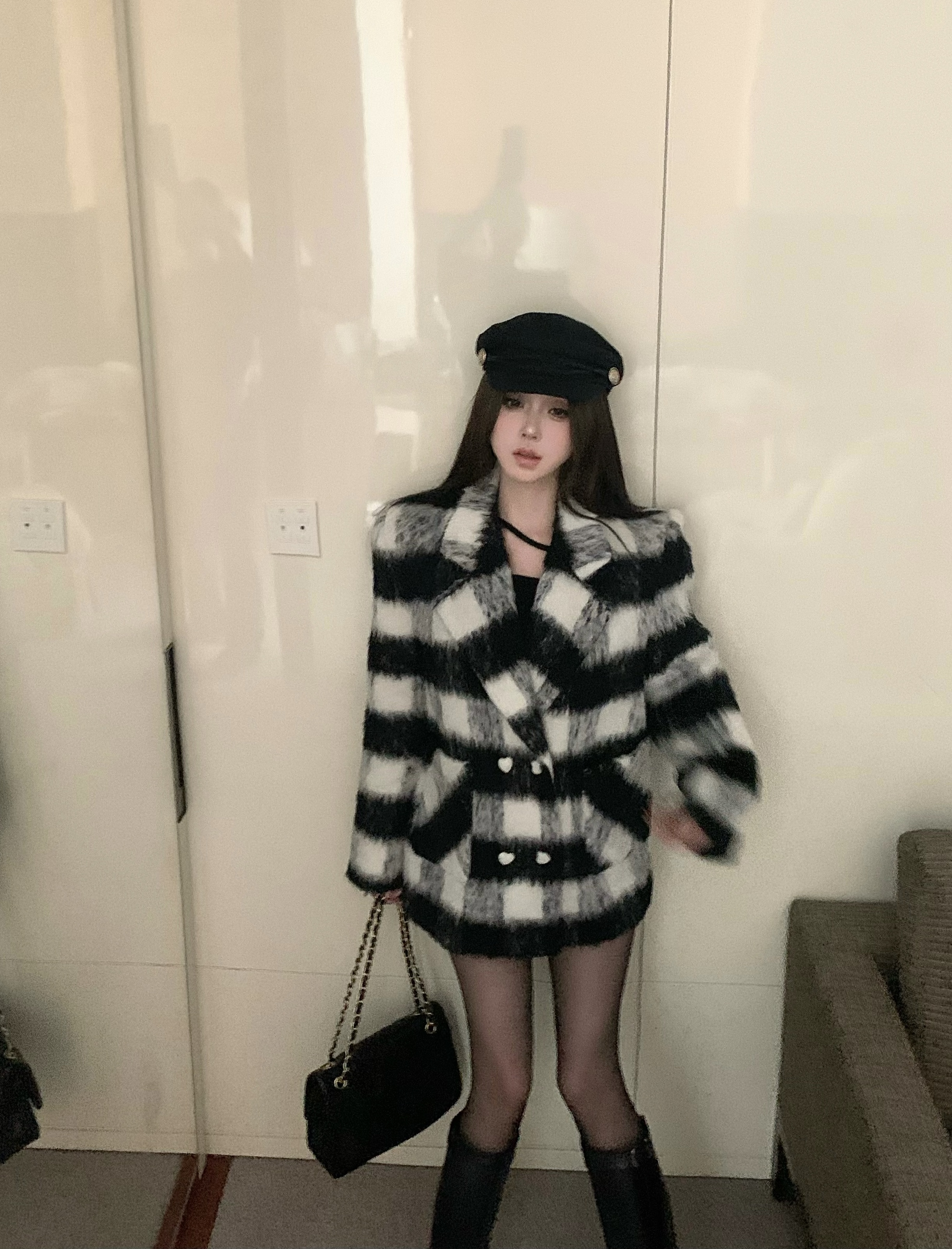 格紋毛呢大衣女2023秋冬新款寬鬆中長款羊毛上衣