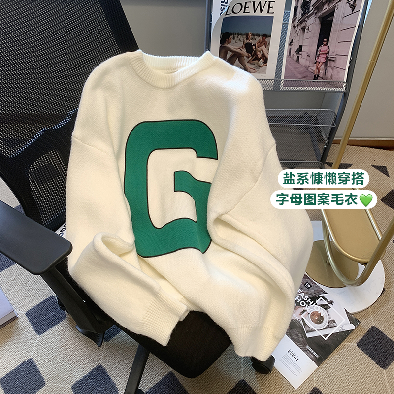 實拍初秋復古字母圓領毛衣女2023秋季新款套頭長袖慵懶風寬鬆上衣