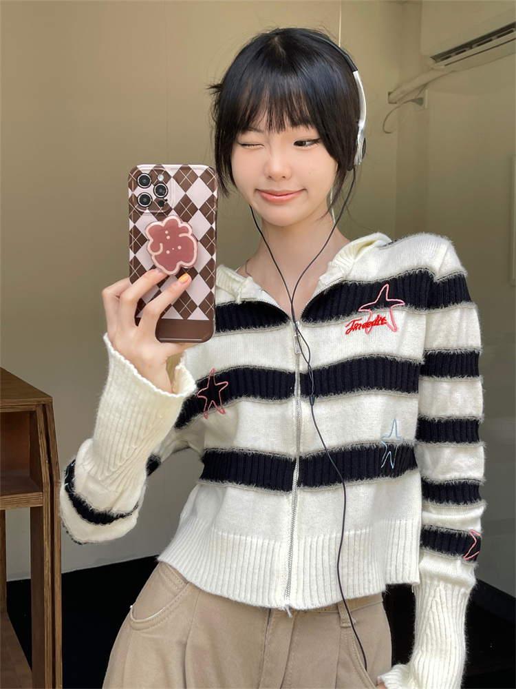 實拍美式復古修身短款條紋毛衣秋冬辣妹風連帽針織衫外套