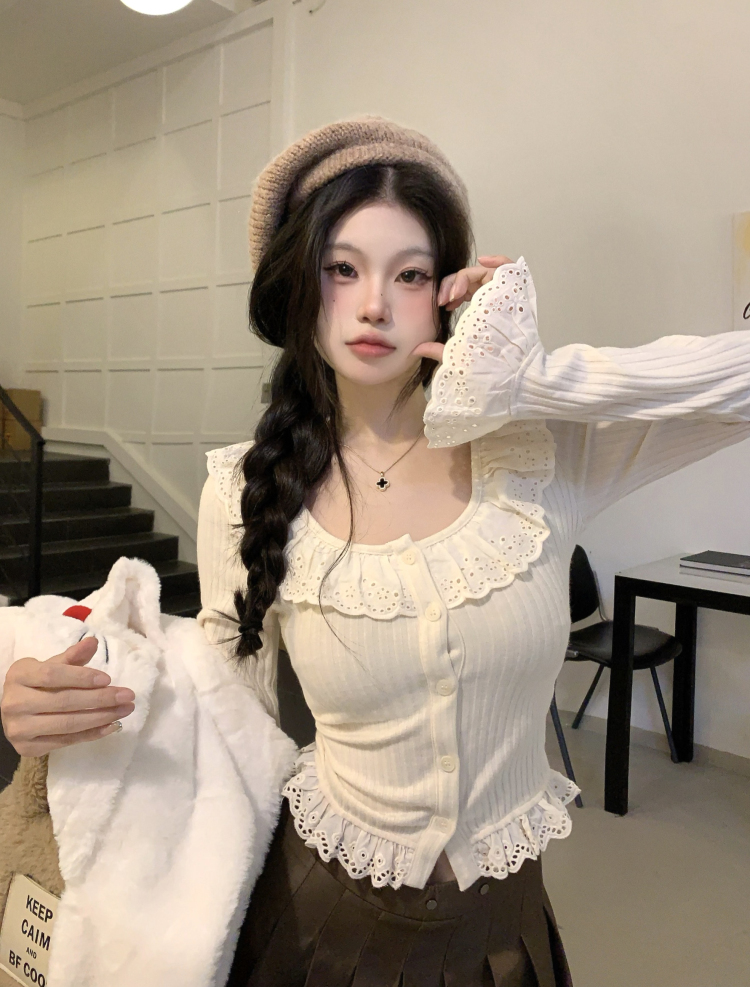 實拍溫柔荷葉邊t恤女秋季短款拼接針織修身顯瘦內搭長袖上衣