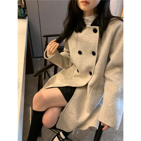 新款秋冬裝寬鬆毛呢外套女中長款撞色翻領雙排扣POLO領呢子大衣女