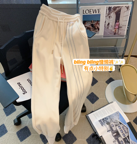 米白色重工设计感束脚卫裤女秋冬季新款高腰显瘦运动休闲裤子