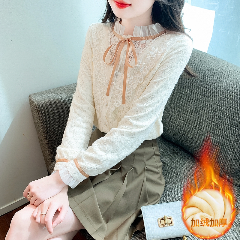 設計感拼接荷葉邊長袖蕾絲襯衫女秋冬新款內搭打底衫加絨加厚上衣