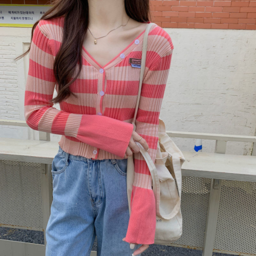 V领条纹长袖针织上衣女修身显瘦短款开衫外套韩版粉色上衣针织衫