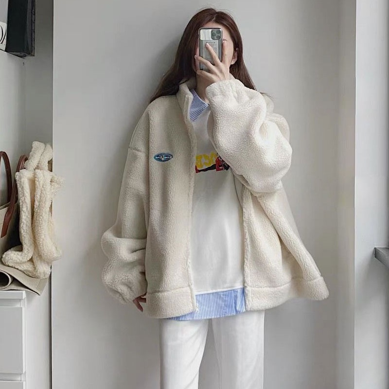 2023年新款外套女秋冬搖粒絨棉衣棉服韓版加厚白色仿羊羔毛絨外套